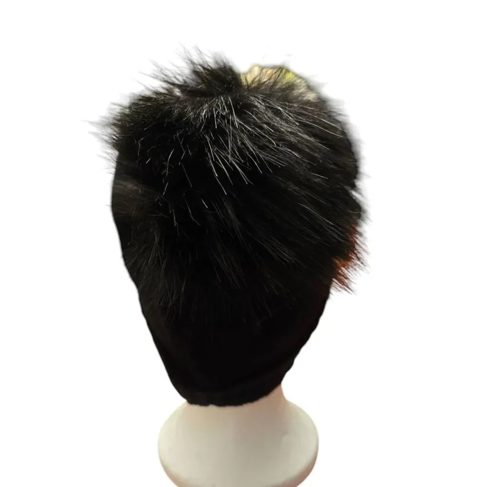 Women's One Size Black Knit Embellished Rhinestones & Faux Fur Pompom Hat